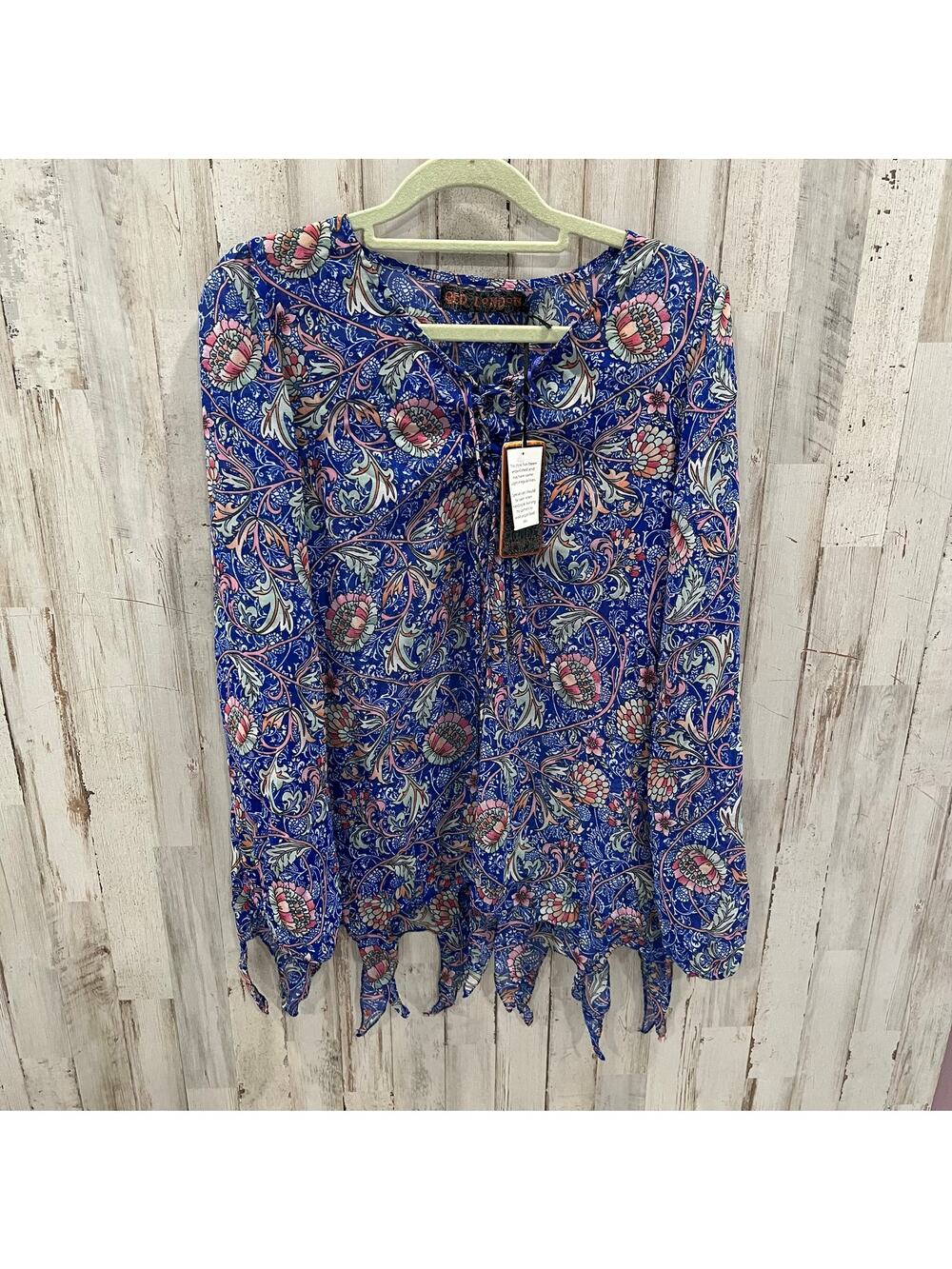 New QED London Royal Blue Floral Sheer Blouse Fringe Hem Womens Size 8